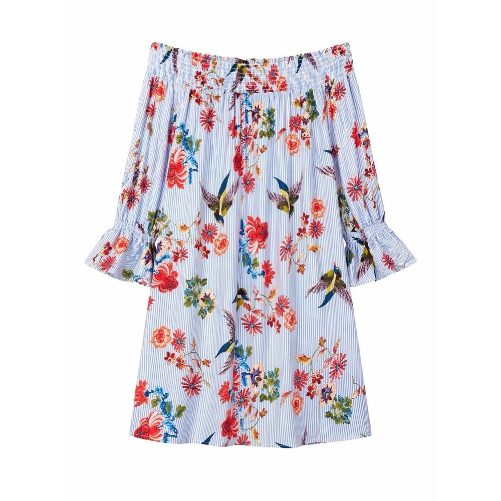 Soprano Off Shoulder Floral Bird Stripe Dress Bell Sleeve Smocked Boho M Romance